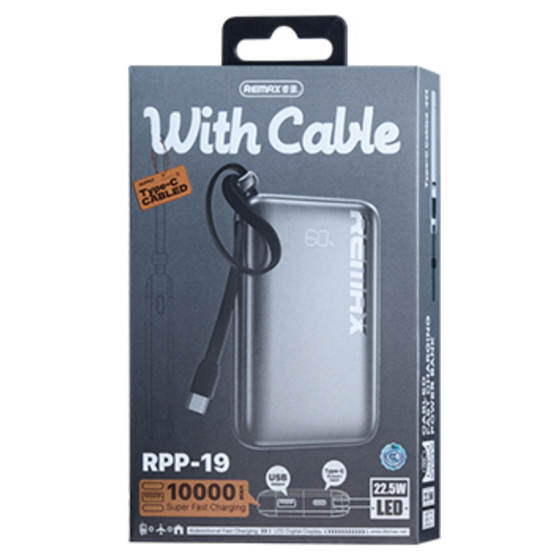Power bank 10000mAh REMAX RPP-19 20W+22.5W Chargement rapide câblé de TYPE-C avec un indicateur numérique LED - Argent