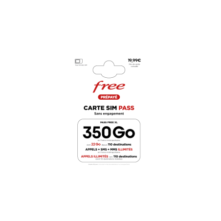 Carte SIM Prépayée Free Appel + SMS + MMS Illimité 350Go Internet Sans
