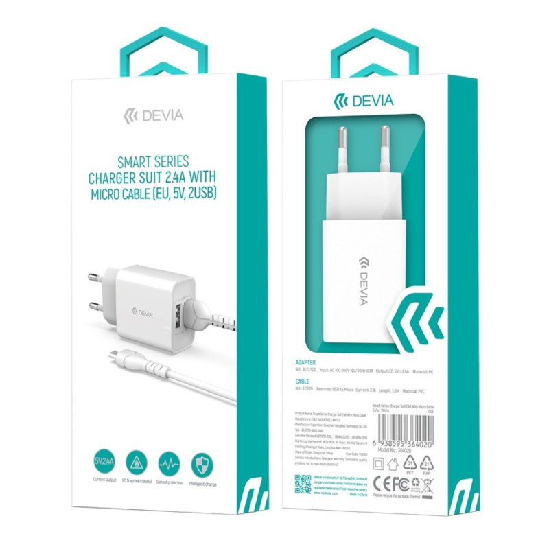 Kit chargeur Devia Smart Series – double USB 12W + câble Micro USB Kit chargeur Devia Smart Series – double USB 12W + câble Micro USB