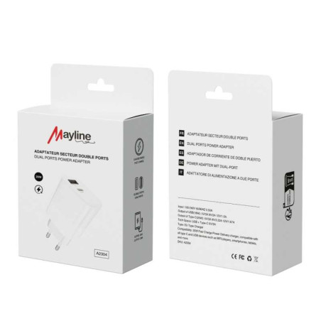 Chargeur secteur Mayline double port 20W – USB QC 3.0 et USB-C PD