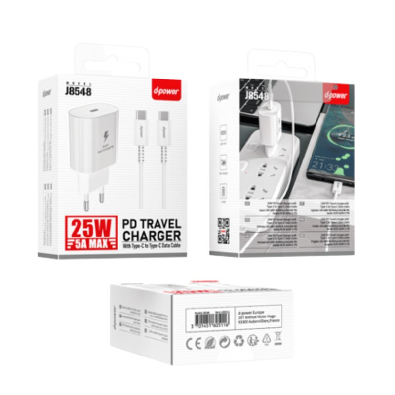 Chargeur D-Power J8548 – Kit Type-C/Type-C 25W Blanc Chargeur D-Power J8548 – Kit Type-C/Type-C 25W Blanc