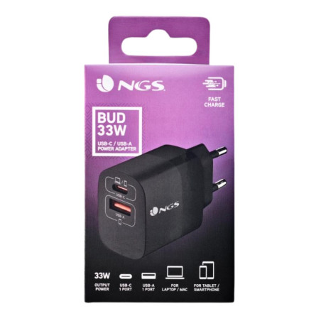 Wall Charger NGS Bud – 33W Black, 2 USB-C/USB-A Ports