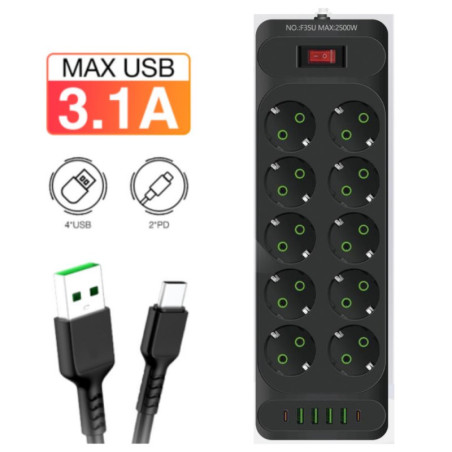 Power Strip INCOALUXE – 10 EU Outlets, 4 USB, 2 USB-C, 2500W, 5m