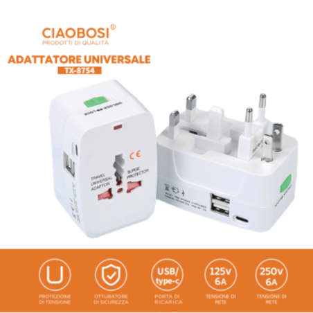 Adaptateur de Voyage Universel 6A avec ports USB/Type-C CIAOBOSI TX-8754
