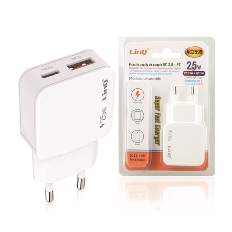 Chargeur secteur USB-C LinQ AC2595 – PD 25 W + QC 3.0 Chargeur secteur USB-C LinQ AC2595 – PD 25 W + QC 3.0