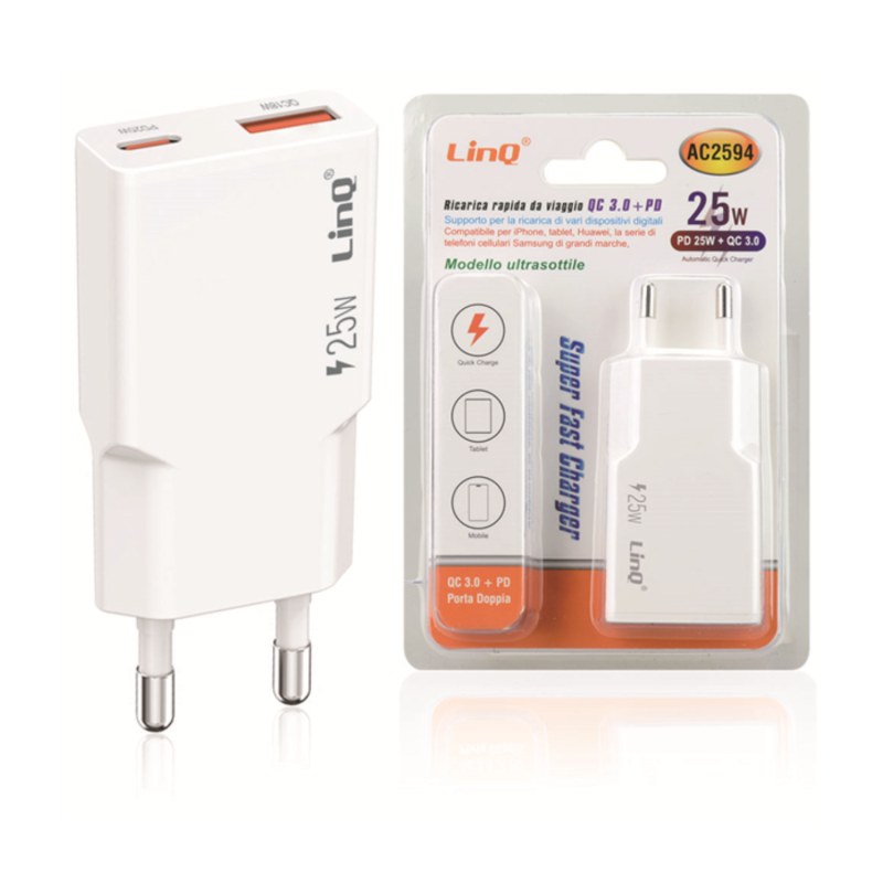 Dual-Port Wall Charger LinQ AC2594 – PD 25W + QC 3.0 Dual-Port Wall Charger LinQ AC2594 – PD 25W + QC 3.0