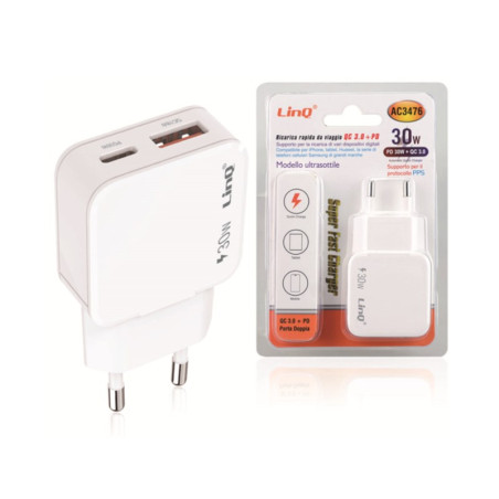 Chargeur secteur double port LinQ AC3476 – PD 30 W + QC 3.0