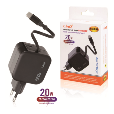 Chargeur de Voyage 20W avec Câble Télescopique Type-C LinQ AC2062
