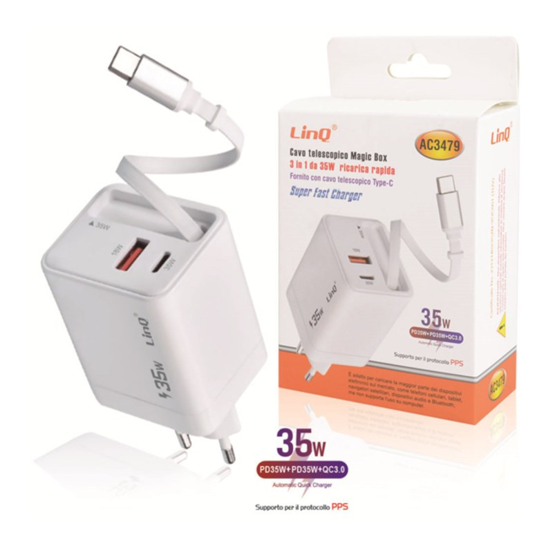 Chargeur rapide LinQ AC3479 – PD 35 W QC 3.0 câble télescopique Type-C Chargeur rapide LinQ AC3479 – PD 35 W QC 3.0 câble télescopique Type-C