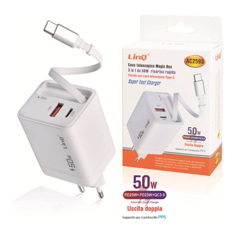 Chargeur rapide LinQ AC2593 – 50 W QC 3.0 câble télescopique Type-C Chargeur rapide LinQ AC2593 – 50 W QC 3.0 câble télescopique Type-C