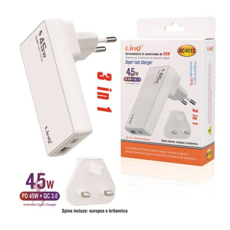 Chargeur secteur LinQ AC4512 – USB-C + USB 45W, prise anglaise Chargeur secteur LinQ AC4512 – USB-C + USB 45W, prise anglaise