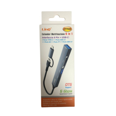 Type-C/Lightning Hub LinQ IT7943 – 6-in-1, USB 2.0, USB 3.0, USB-C, SD, TF