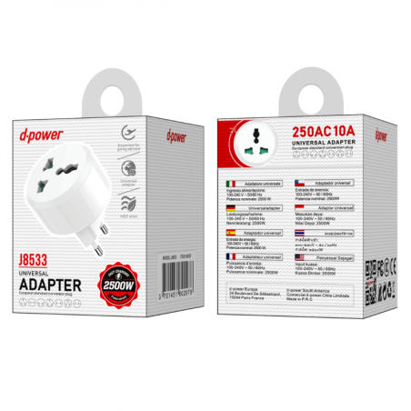 Adaptateur Secteur Universel 6A Max- D-power J8533 - Blanc -