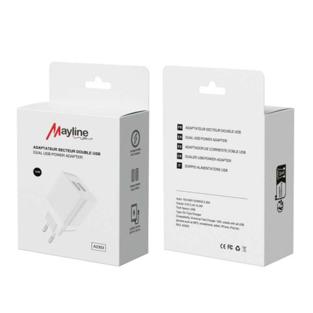 Adaptateur Secteur double USB 12W - Chargeur Rapide (Mayline