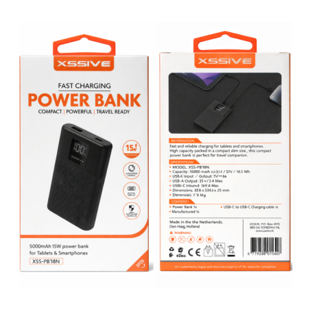 Power Bank 5000mAh 15W avec Câble USB-C XSSIVE XSS-PB18N - N