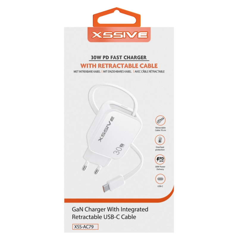 Chargeur Rapide avec câble USB-C rétractable 30W XSSIVE XSS-AC79 - Blanc