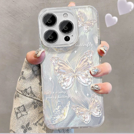 Coque pailletée souple pour iPhone - Papillons argentés sur 
