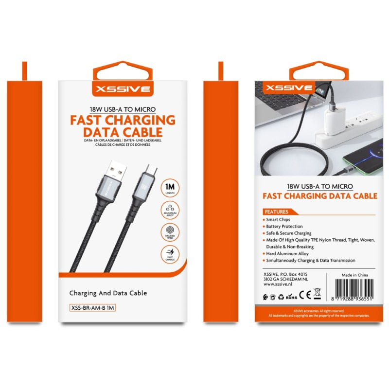 Câble de charge tressé USB-A vers Micro USB XSSIVE XSS-BR-AM-B – 1 m 18 W Noir