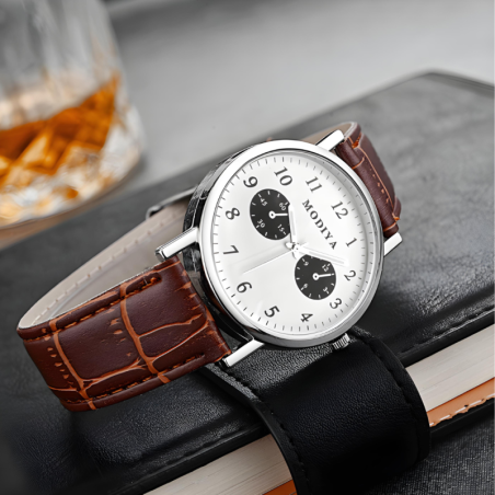 Montre à Quartz pour Hommes Modiya Bracelet en Cuir PU avec 2 Petits C