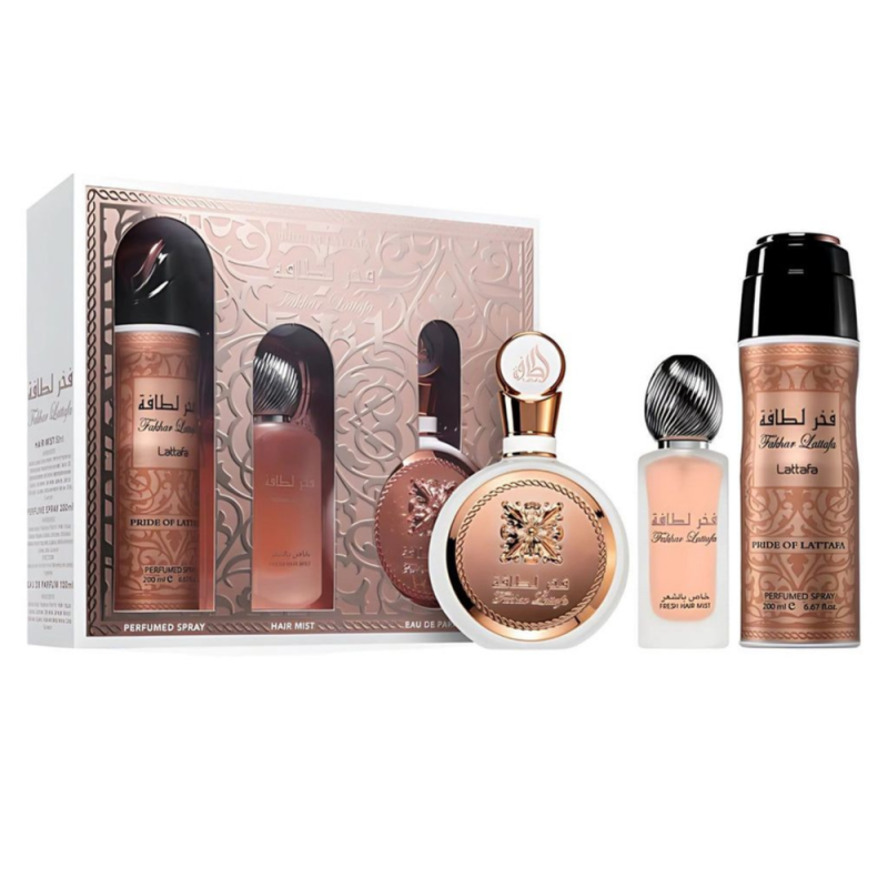 Lattafa Pride Fakhar Gift Set – Eau de Parfum 100 ml · Deodorant 200 ml · Hair Mist 50 ml