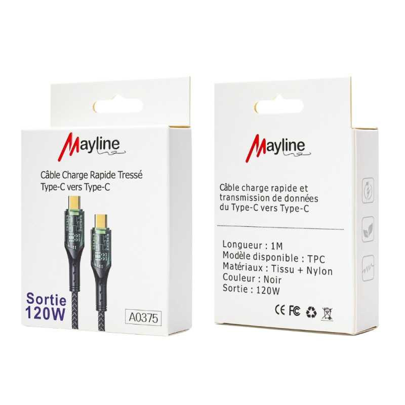 Câble Type-C / Type-C Tresse nylon 120W - Compatible iPhone/Samsung - Tresse nylon 1M (Mayline)