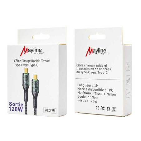 Câble Type-C / Type-C Tresse nylon 120W - Compatible iPhone/Samsung - Tresse nylon 1M (Mayline)