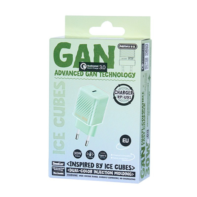 GaN Charger REMAX RP-U91 Jiltry Series – 30W PD + QC, Green, EU Plug