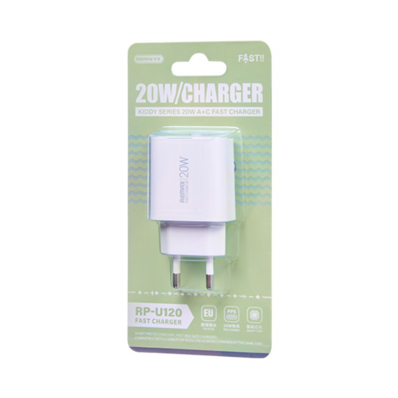 Chargeur secteur REMAX Kiddy Series RP-U120 – 20W, USB + Type-C, blanc, prise EU