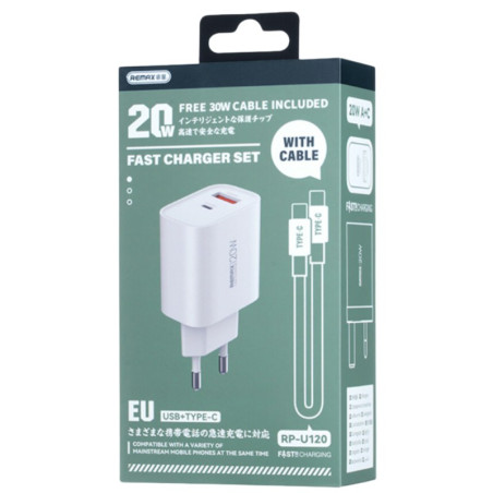 Charger Kit REMAX Kiddy Series RP-U120 – 20W, USB + Type-C, Type-C to Type-C Cable, White, EU Plug