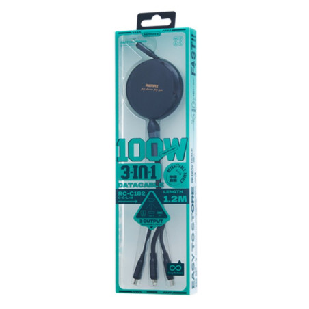 Câble 3-en-1 REMAX RC-C182 – Type-C/Lightning/Micro 100W 1,2 m Noir