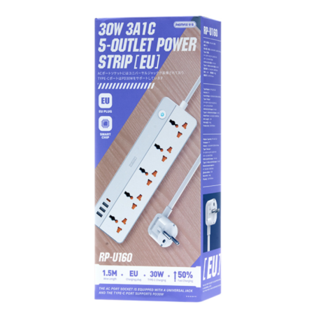 Power strip REMAX RP-U160 Kiddy – 5 outlets + 4 USB/USB-C ports, Black