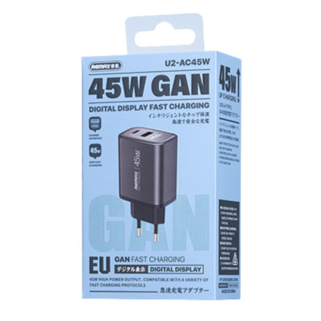 Chargeur GaN REMAX U2-AC45W – 45W USB-A + USB-C Argent