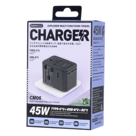 Chargeur GaN Multi Fonctions (Type-C*3+USB-A*2+AC*1) 45W REMAX Explorer CM06 - EU+UK+US/AU - Noir