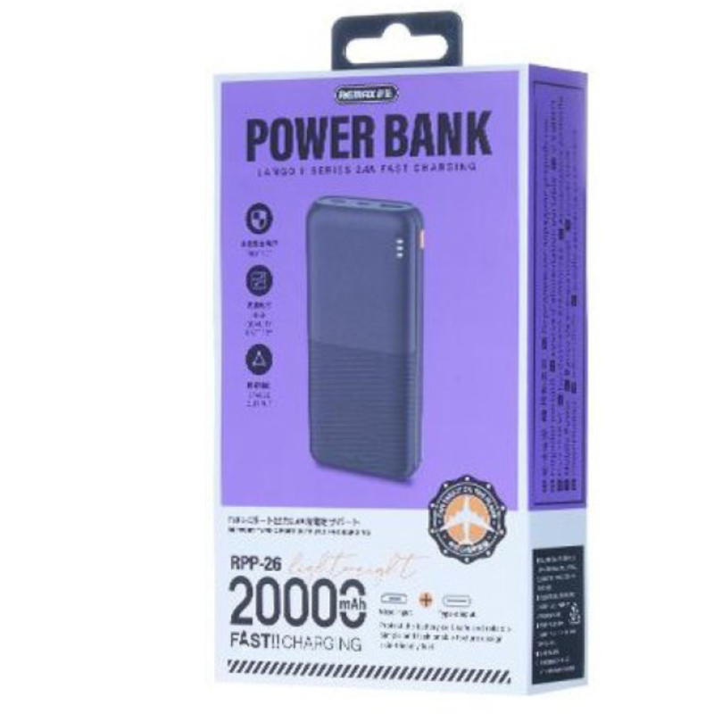 Power bank 20000mAh REMAX Lango séries II RPP-26 2.4A léger et pratique pour les voyages - Noir Power bank 20000mAh REMAX Lango séries II RPP-26 2.4A léger et pratique pour les voyages - Noir