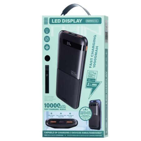 Power Bank REMAX Piloteer RPP-71 – 10,000mAh 2 USB + USB-C Black