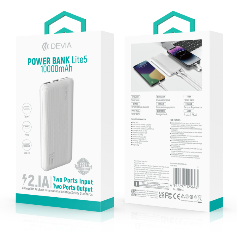 Power Bank 10000 mAh - Devia Kintone Series V5 - Blanc Power Bank 10000 mAh - Devia Kintone Series V5 - Blanc