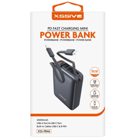 Power Bank 20000mAh XSSIVE XSS-PB46 - Câbles USB-C et Lightning intégrés