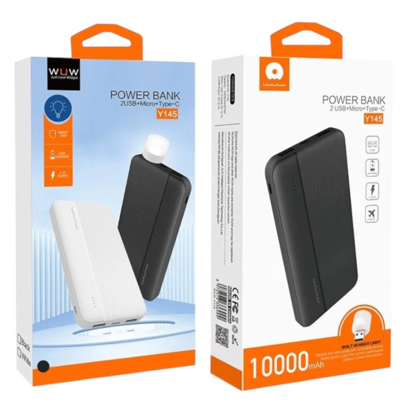 Power Bank WUW Y145 – 10000mAh, 2 USB, Micro and USB-C, black