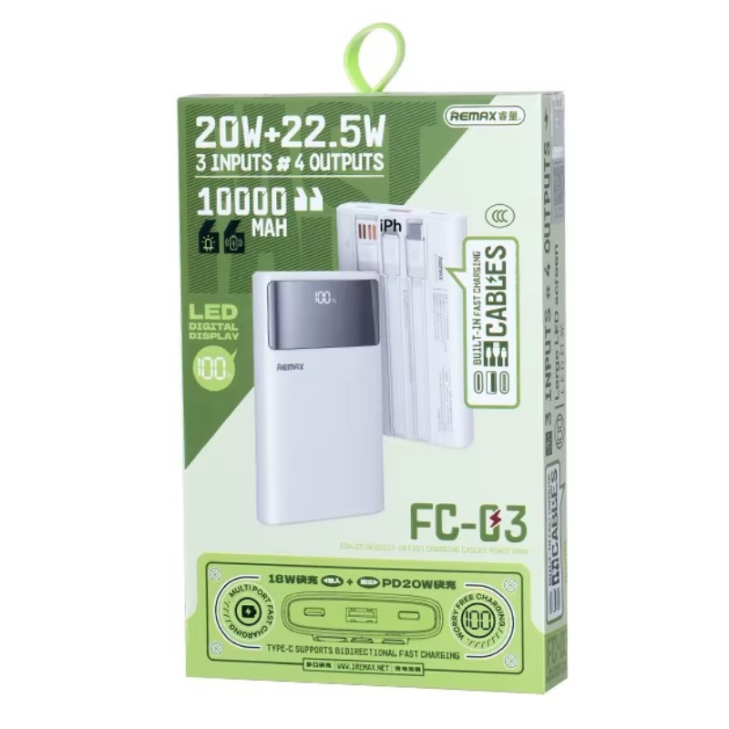 Power Bank REMAX FC-03 – 10000mAh, 20W + 22.5W, cables and LED, white