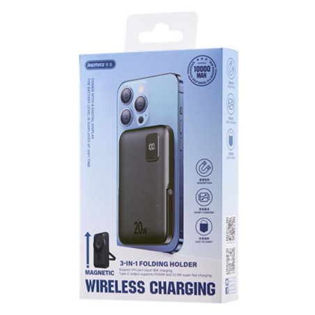 Batterie externe 3-en-1 REMAX RPP-695 – 10 000 mAh, 15 W sans fil, support pliable, Gris
