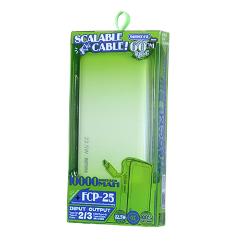 Power Bank à Charge Rapide 22.5W avec Câble Type-C Télescopique 10000mAh FCP-25 REMAX - Vert