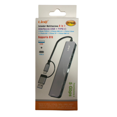 HUB Type-C/ USB 8 en 1 - 3 USB 2.0 + Audio 3,5mm + USB 3,0 + SD + TF +
