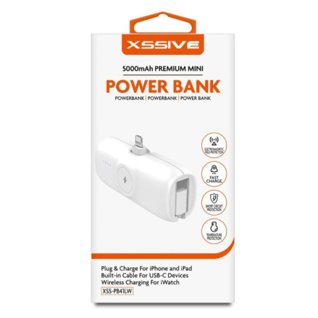 Batterie externe XSSIVE XSS-PB41LW – 5 000 mAh Blanc 20 W avec câble USB-C pour iPhone et iPad, charge iWatch sans fil