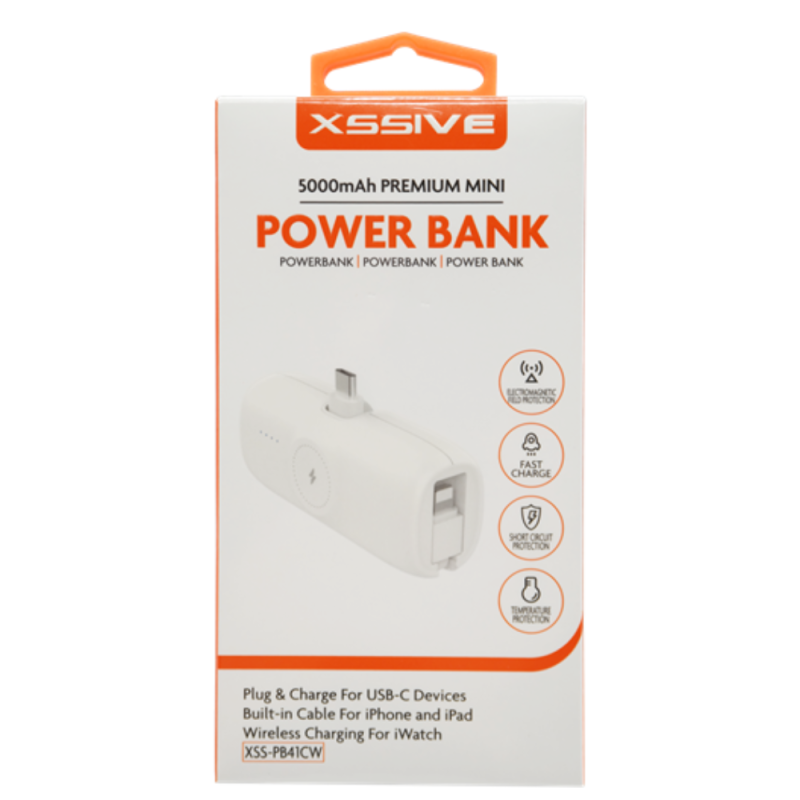 Power Bank 5000mAh pour USB-C avec Câble pour iPhone et iPad - Chargement sans fil pour iWatch - 20W XSSIVE XSS-PB41CW - Blanc Power Bank 5000mAh pour USB-C avec Câble pour iPhone et iPad - Chargement sans fil pour iWatch - 20W XSSIVE XSS-PB41CW - Blanc