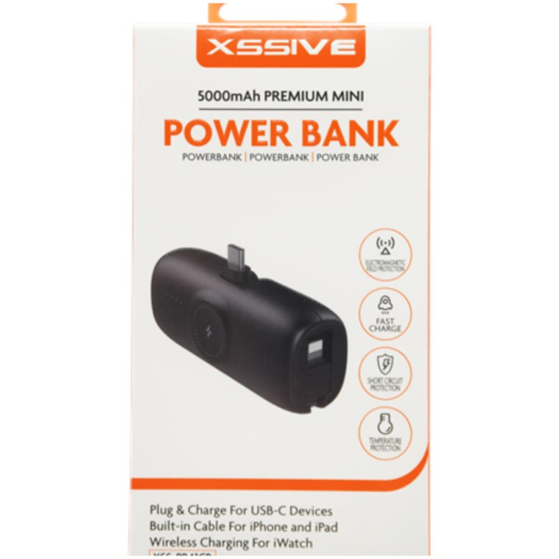 Power Bank XSSIVE XSS-PB41CB – 5000mAh Black USB-C 20W with cable for iPhone and iPad, wireless iWatch charging Power Bank XSSIVE XSS-PB41CB – 5000mAh Black USB-C 20W with cable for iPhone and iPad, wireless iWatch charging