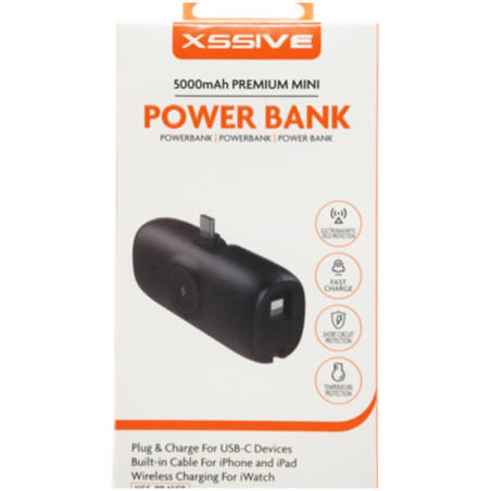 Power Bank XSSIVE XSS-PB41CB – 5000mAh Black USB-C 20W with cable for iPhone and iPad, wireless iWatch charging