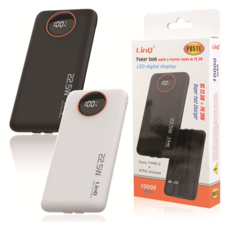 Power Bank avec câbles de charge rapide 22.5 W 10000mAh LinQ P851L - Blanc