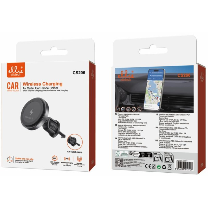 Support téléphone voiture Ellietech CS206 – Charge sans fil 15 W
