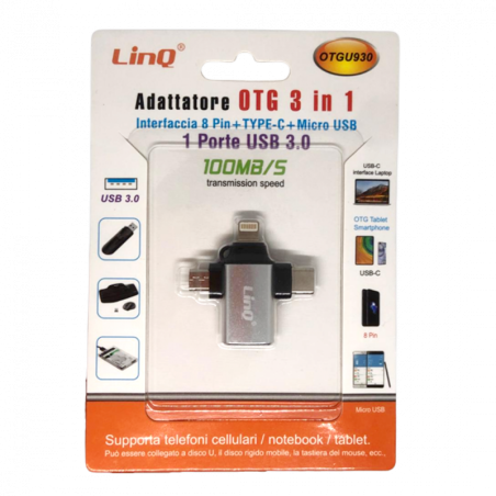 Adaptateur USB 3 en 1 Micro/Lightning/USB-C LinQ OTGU930 - M