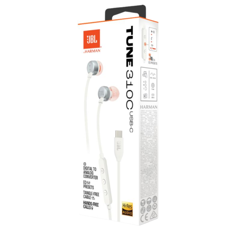 JBL Wired Earbuds Tune 310C JBLT310CWHT – USB-C, White